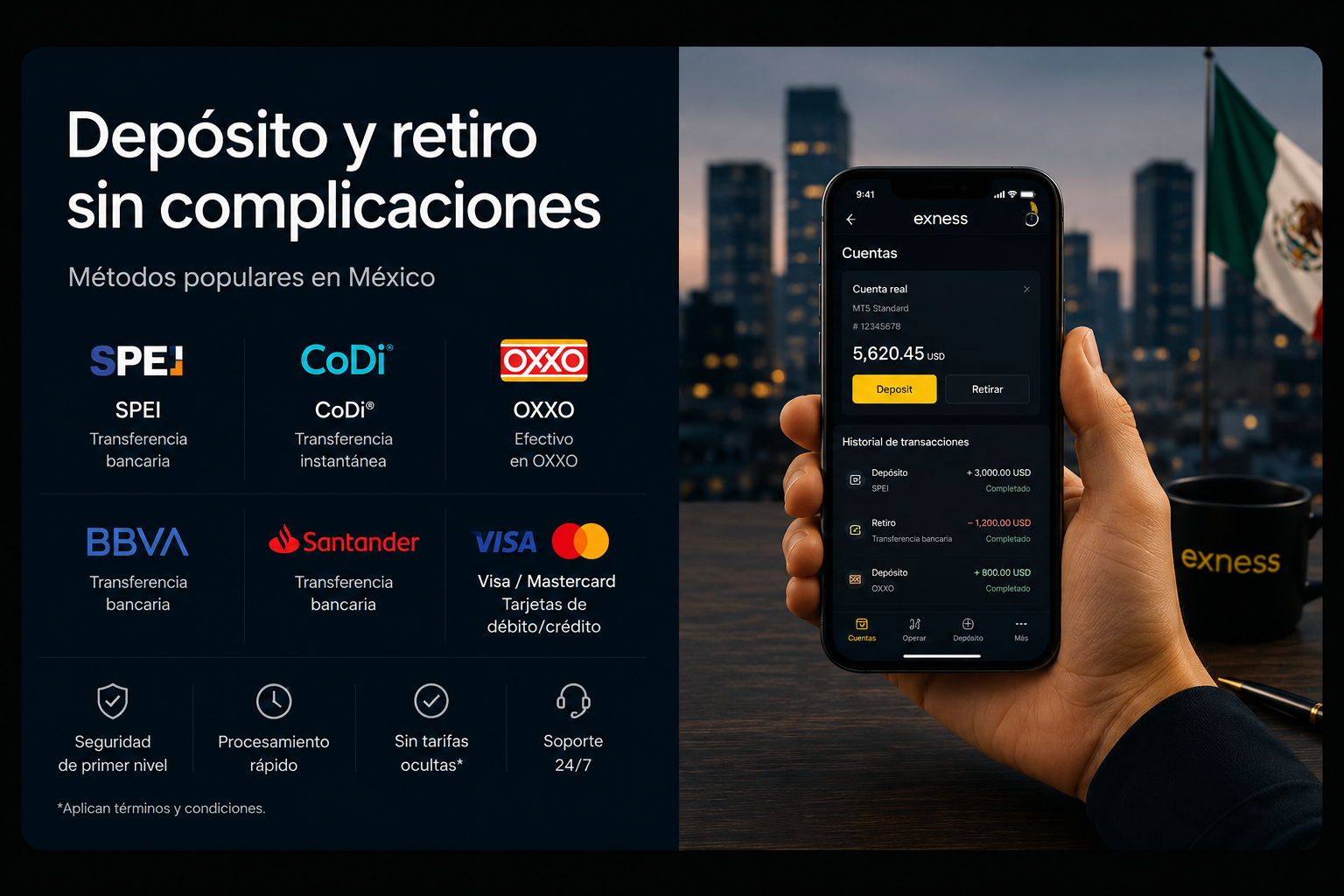 Métodos de depósito y retiro en Exness para México y LATAM
