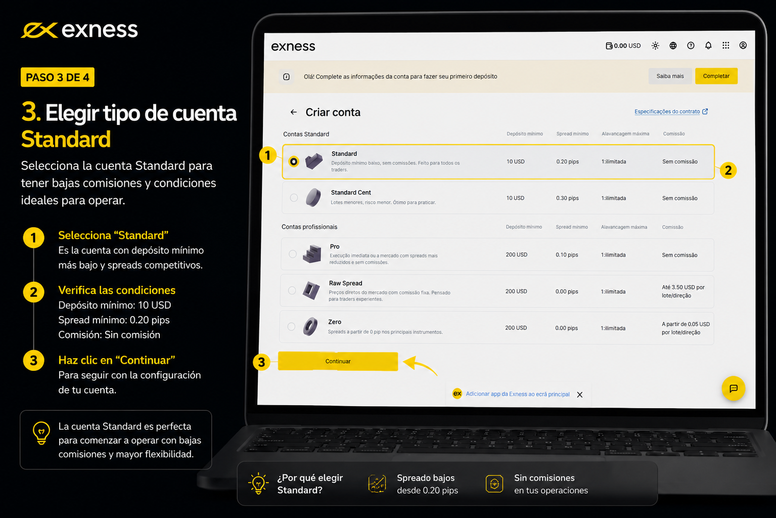 Paso 3: selección de cuenta Standard en Exness con depósito mínimo de 10 USD