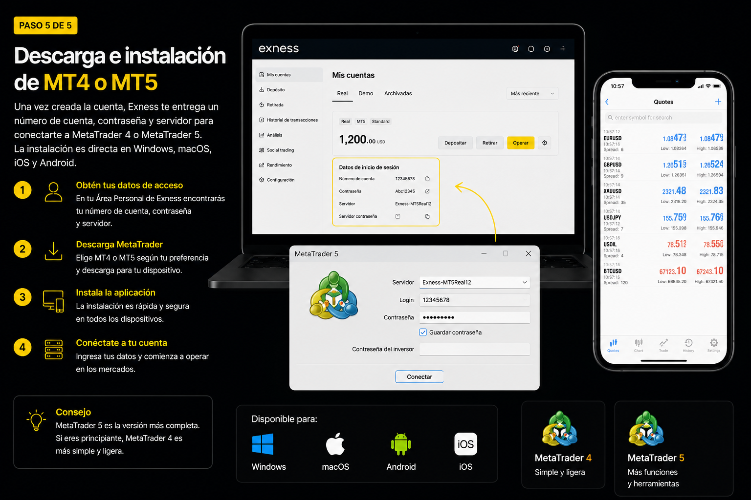 Paso 5: descarga e instalación de MetaTrader 4 y MetaTrader 5 en Windows, macOS, Android e iOS con los datos de acceso de Exness